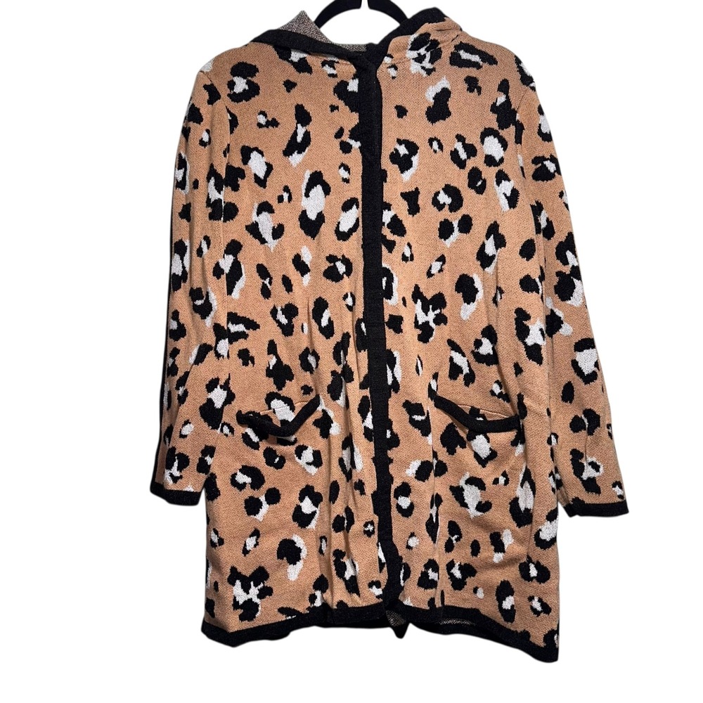 Chicos Leopard Print Hooded Cardigan Sweater Women Size 3 XL Tan Black